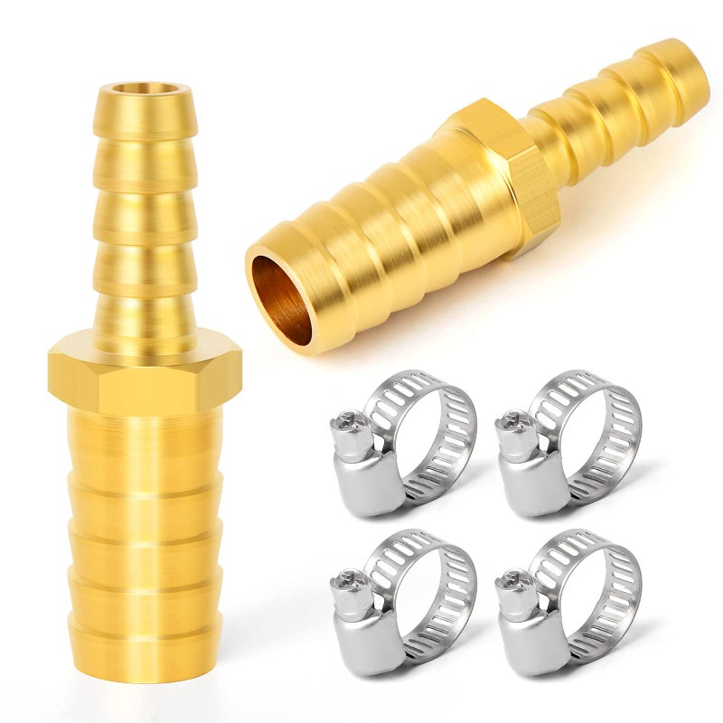 GASHER 2 Pieces Brass Hose Barb Reducer, 5/16 Inch to 1/4 Inch Barb Hose ID with 4 Hose Clam, Brass Barb Reducer SPLICER Fitting Fuel/AIR/Water/Oil/Gas/WOG - Image 1