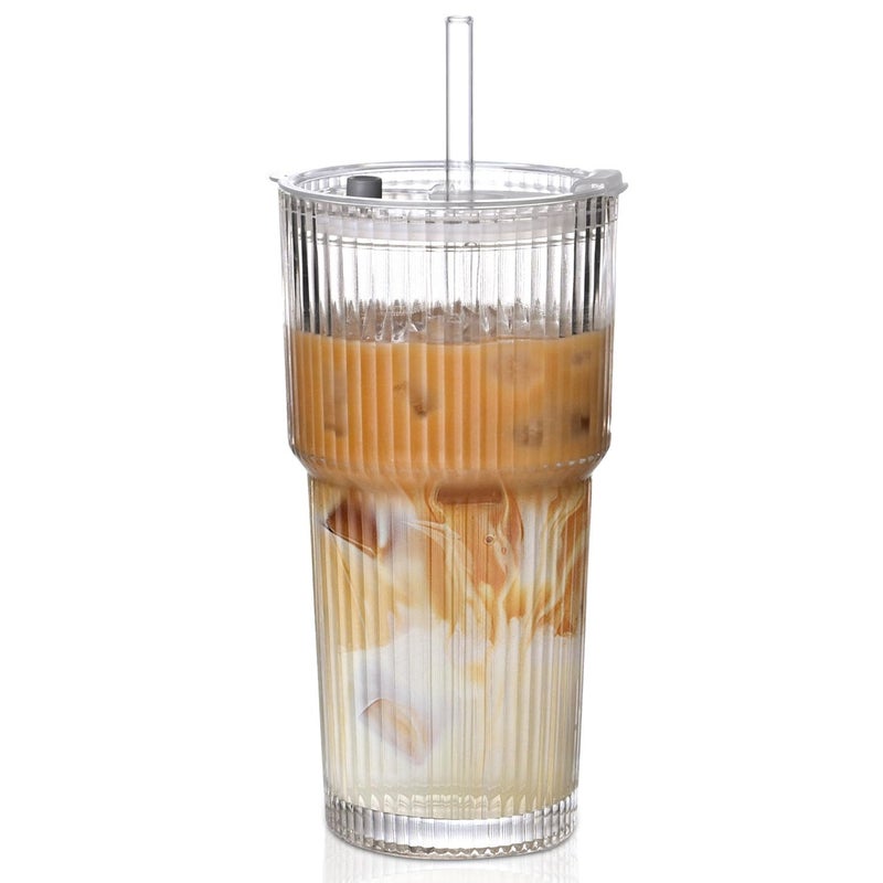 AUFXKOO 20oz Ribbed Glass Cups with Lids and Straws,1PCS Glass Tumbler with Straw and Lid,Iced Coffee Cups Drinking Glasses for Juice Whiskey Cocktail Beer - Image 1