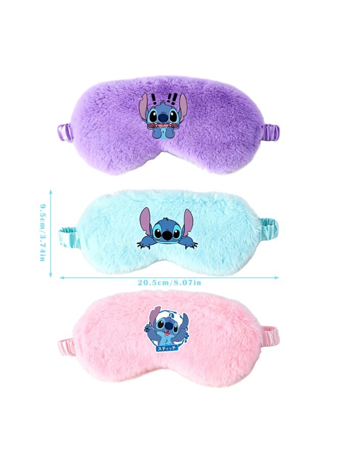 3-Pack Plush Stitch Cartoon Blackout Eye Masks, Soft Breathable Sleep Blindfolds for Travel Home Nap