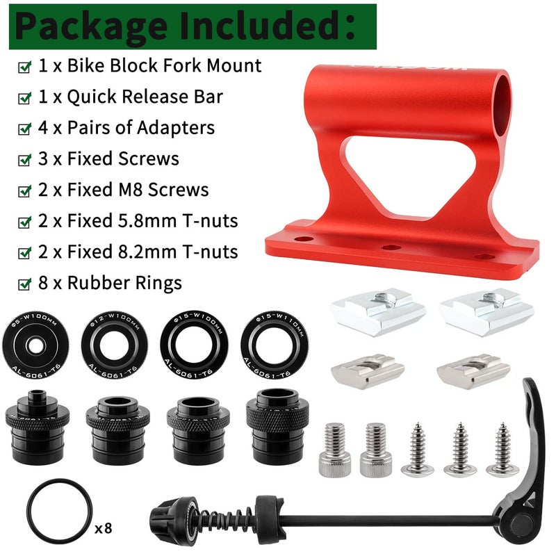 MUQZI Quick Release Fork Mount, Bike Car Roof Mount Rack Road Bicycle Fork Block Thru Axle Wheel Holder, Truck Bed Fork Mount with Installation Adapters MTB Tire Holder Rack Mount, Red - Image 3