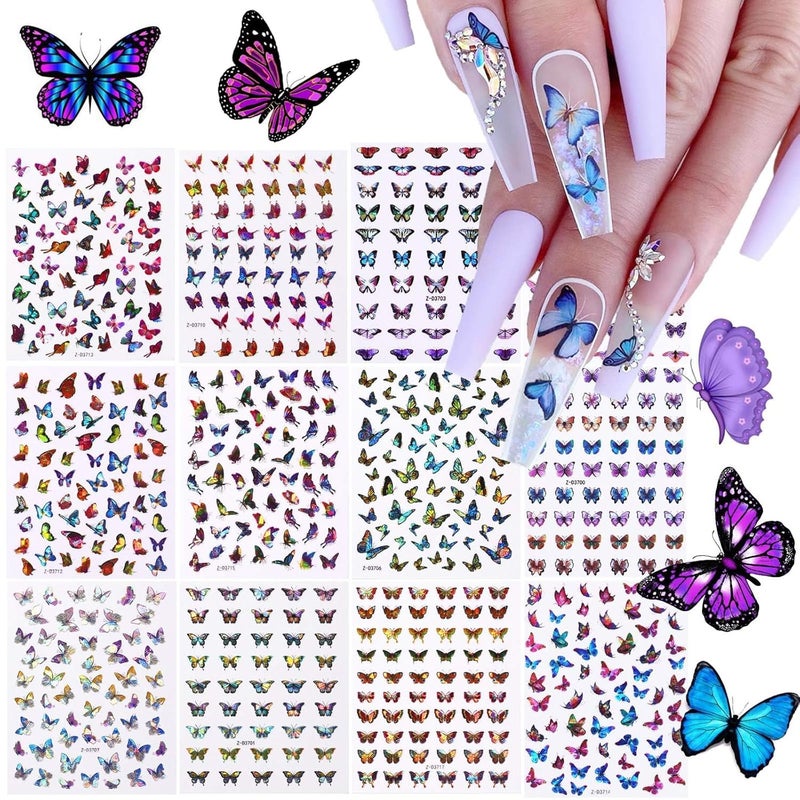 TOROKOM 12 Sheets Butterfly Nail Art Stickers 3D SelfAdhesive Nail Decals with Colorful Laser Butterflies Designs for DIY Manicure Decor
