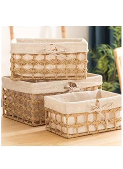 Cozy Nest Set of 3 Eco-Friendly Handwoven Storage Baskets – Durable Rectangular Woven Bins with Sturdy Plastic Frame, Removable Fabric Lining, Decorative Macrame Design for Sundries, Toys, Books, Toiletries, and Elegant Home Organization  - Image 1