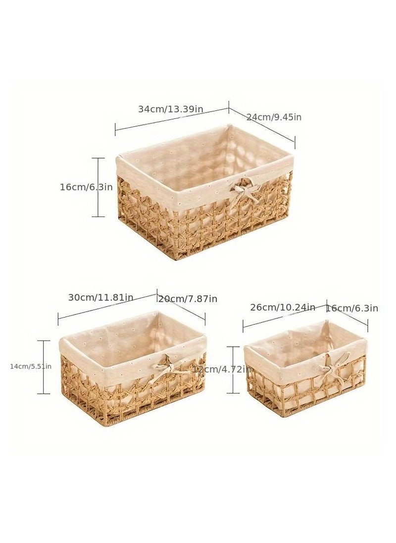 Cozy Nest - Set of 3 Eco-Friendly Handwoven Storage Baskets – Durable Rectangular Woven Bins with Sturdy Plastic Frame, Removable Fabric Lining, Decorative Macrame Design for Sundries, Toys, Books, Toiletries, and Elegant Home Organization - Image 1
