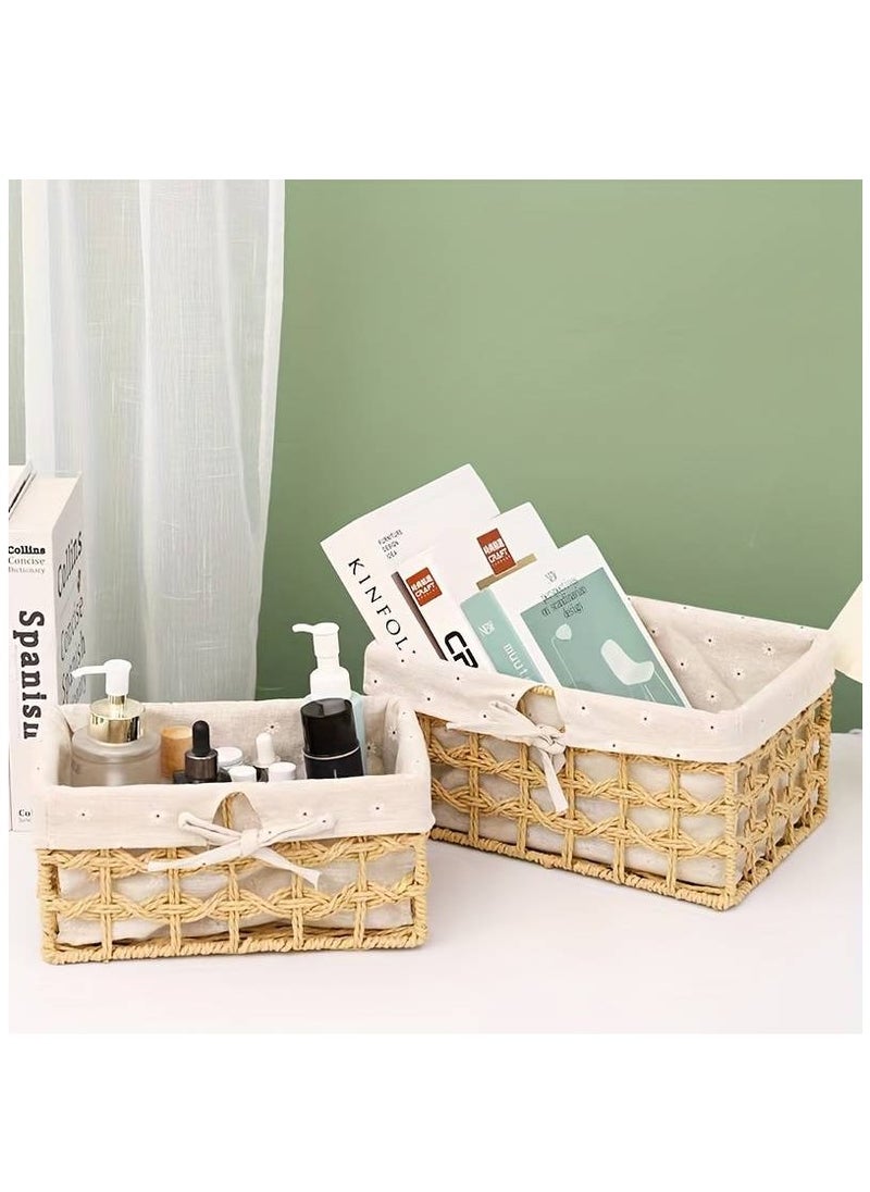 Cozy Nest - Set of 3 Eco-Friendly Handwoven Storage Baskets – Durable Rectangular Woven Bins with Sturdy Plastic Frame, Removable Fabric Lining, Decorative Macrame Design for Sundries, Toys, Books, Toiletries, and Elegant Home Organization - Image 1
