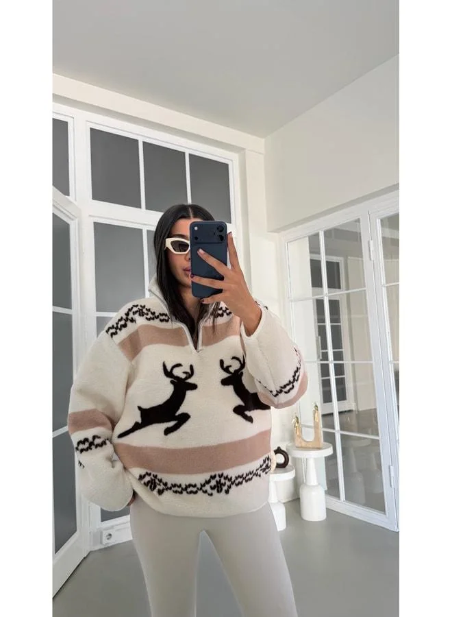 Gaus  Coffee-colored Deer Pattern Half-Zip Polar Sweatshirt GAUS-01916 GAUS-01927. for Women | Best Price UAE