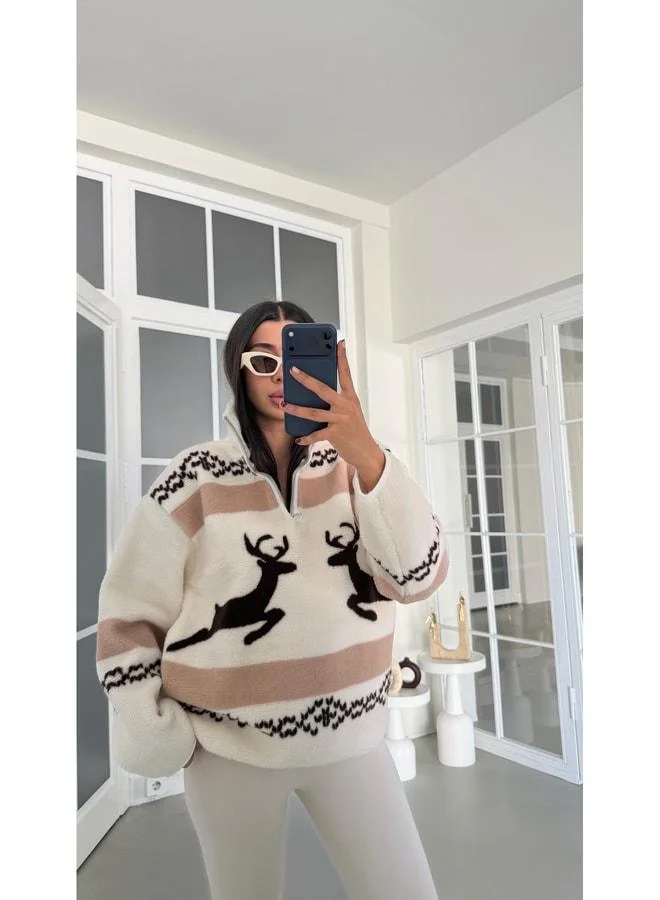 Coffee-colored Deer Pattern Half-Zip Polar Sweatshirt GAUS-01916 GAUS-01927.