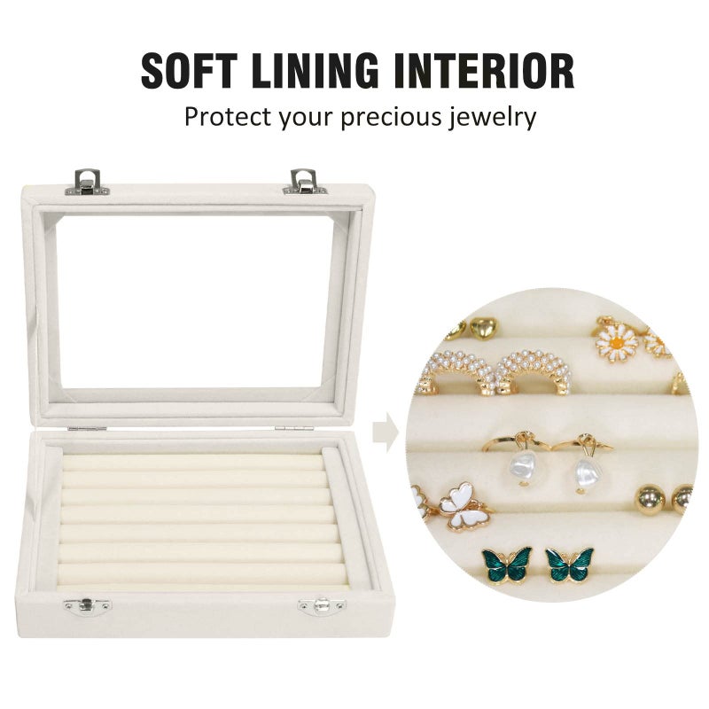 Vicoter Rings Organizer Tray 7 Slots Velvet Jewelry Earring Storage Box with Transparent lid Jewelry Display Case for Girls Wife Mom Women (Beige) - Image 3