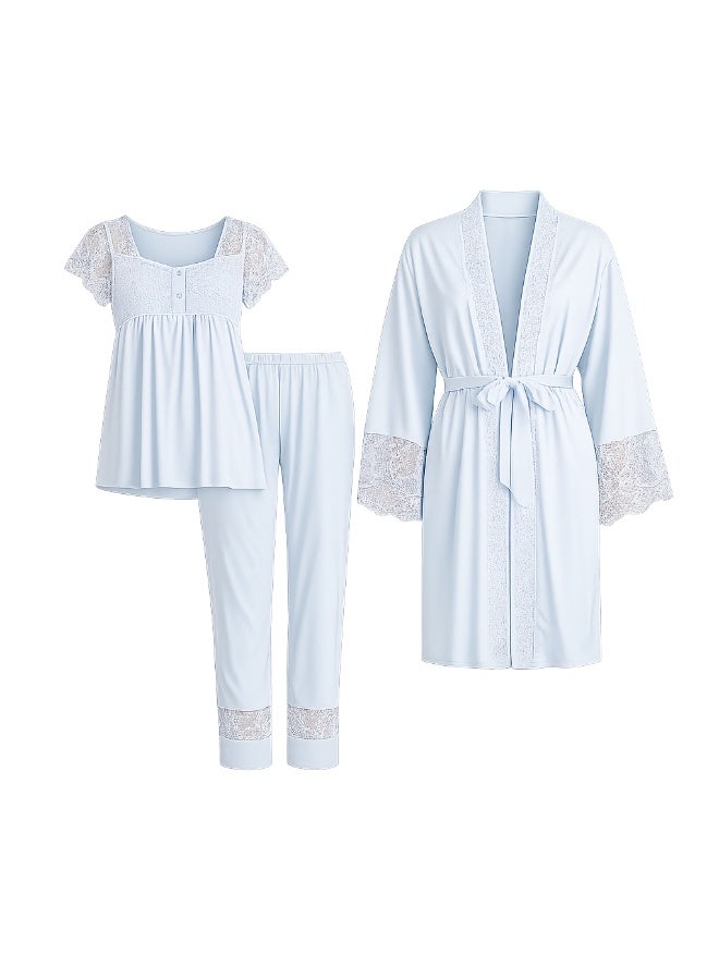 LADY 3-Piece Maternity & Nursing Pajama Set with Robe - Turkish Cotton Long Sleeve Sleepwear with Elegant Lace Details - Image 1