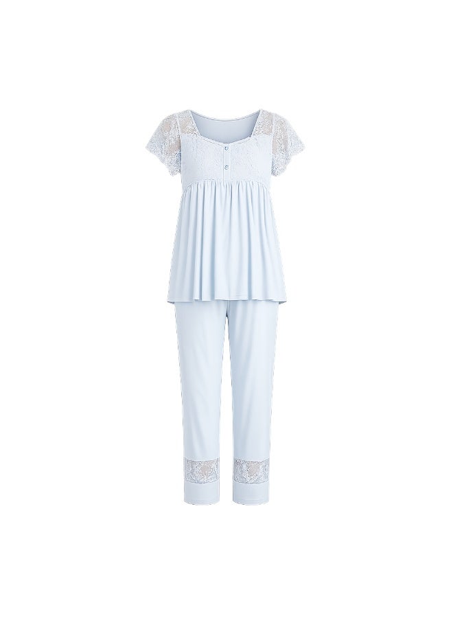 LADY 3-Piece Maternity & Nursing Pajama Set with Robe - Turkish Cotton Long Sleeve Sleepwear with Elegant Lace Details - Image 2