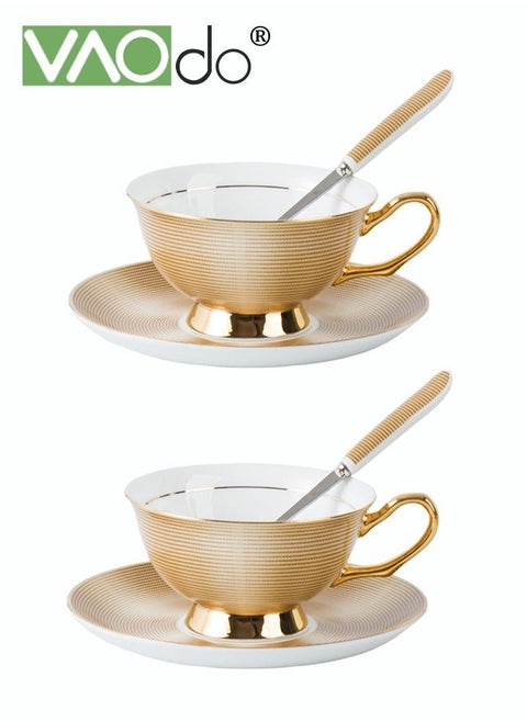 2PCS Coffee and Saucer Set with Spoon Thin Through Bone China Hand Painted Gold Black Tea Teacup Afternoon Teacup and Saucer Spoon Set Gold