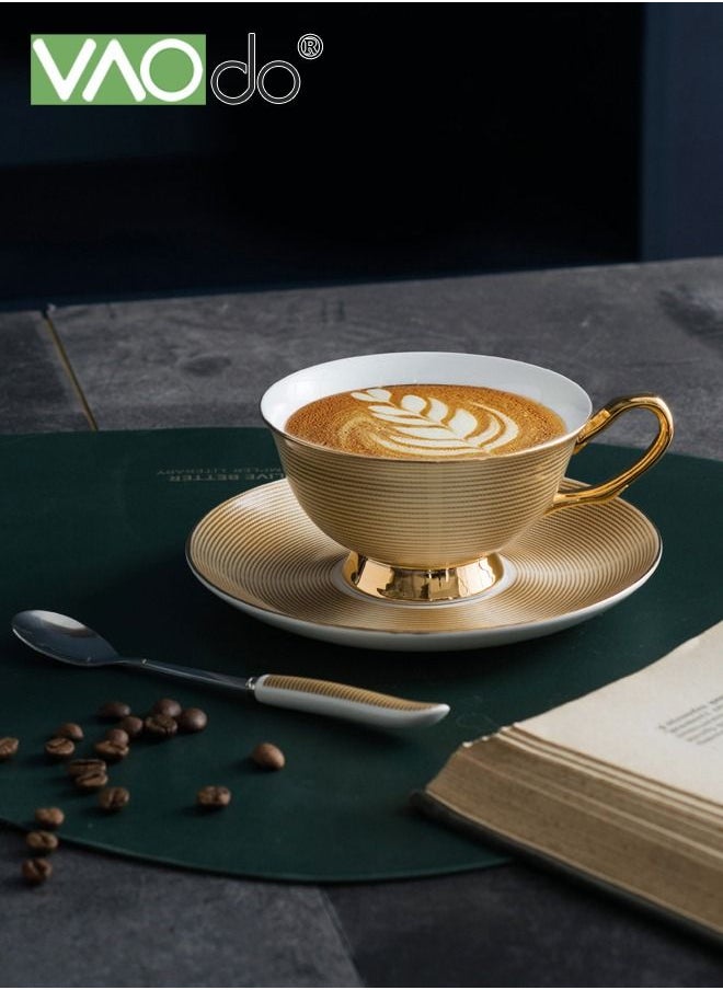 2PCS Coffee and Saucer Set with Spoon Thin Through Bone China Hand Painted Gold Black Tea Teacup Afternoon Teacup and Saucer Spoon Set Gold