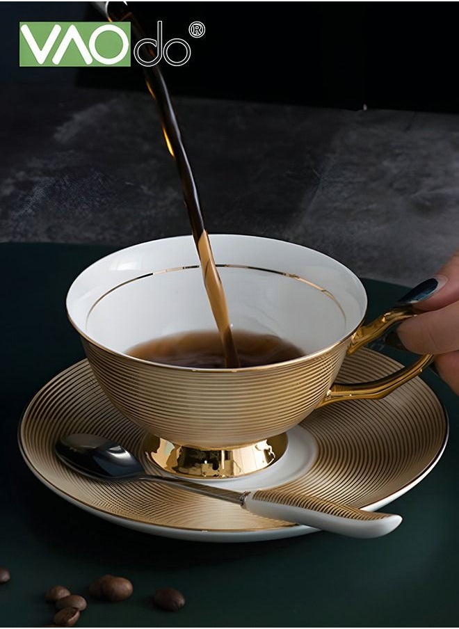 2PCS Coffee and Saucer Set with Spoon Thin Through Bone China Hand Painted Gold Black Tea Teacup Afternoon Teacup and Saucer Spoon Set Gold