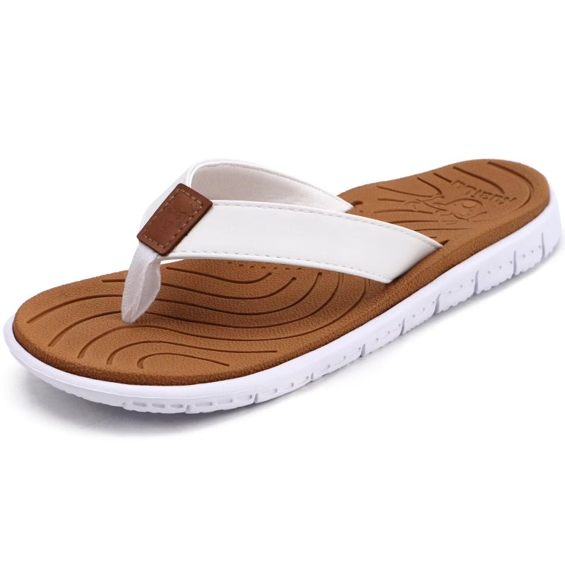 KuaiLu Casual Flip Flops for Women Comfortable Yoga Mat Arch Support Cushion Leather Slides Summer Beach Pool Outfits Flats Walking Thong Sandals Slip on Travel Essentials Orthotic Shoes Khaki Size 7 - Image 1
