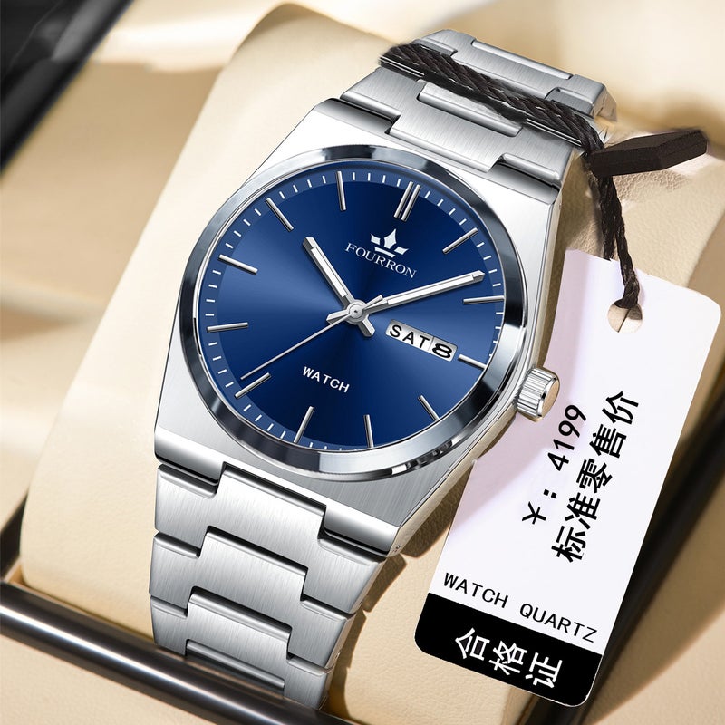 Stainless Steel Waterproof Mens Watch Blue surface silver steel belt 