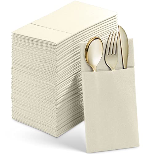 Servietto Disposable Linen-Feel Dinner Napkins With Built-in Flatware Pocket, 50-Pack CHAMPAGNE Prefolded Cloth Like Paper Napkins For Wedding, Dinner Or Party - Image 1