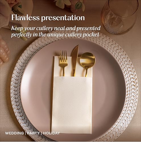 Servietto Disposable Linen-Feel Dinner Napkins With Built-in Flatware Pocket, 50-Pack CHAMPAGNE Prefolded Cloth Like Paper Napkins For Wedding, Dinner Or Party - Image 5