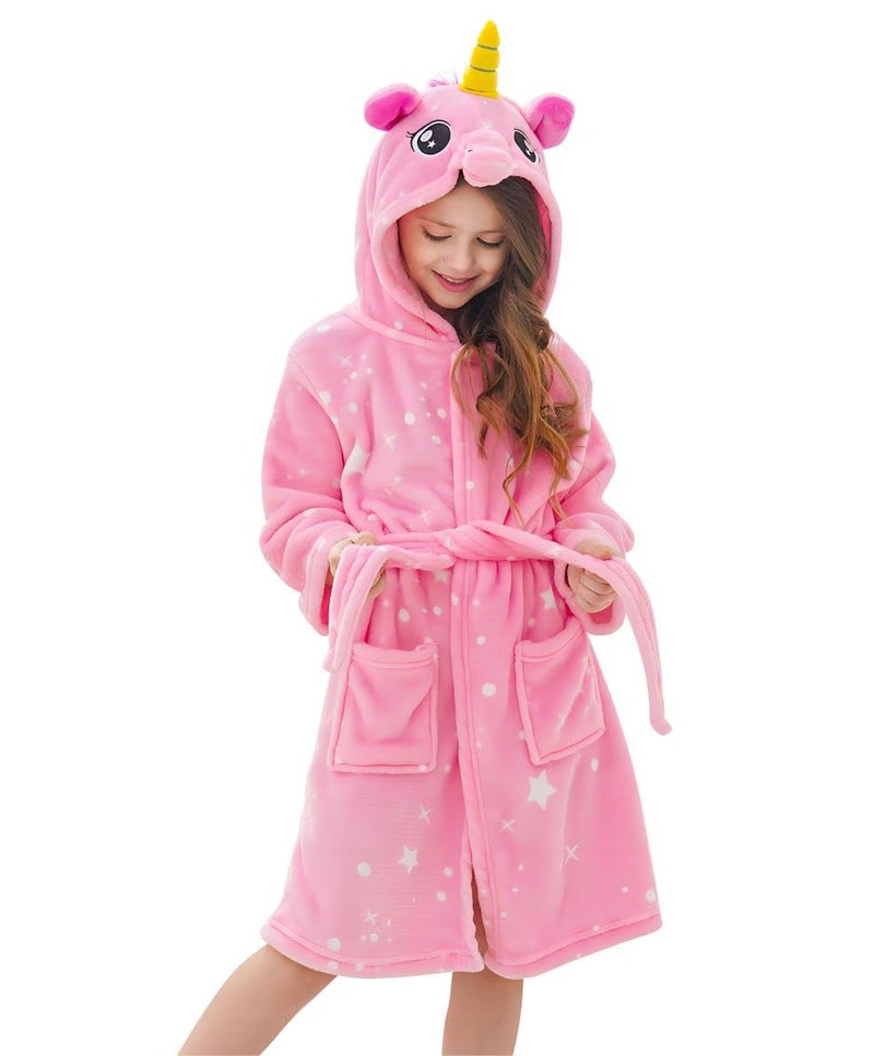 doctor_unicorn Doctor Unicorn Girls Fleece Hooded Robe Toddler Warm Fuzzy Bathrobe Pink 5-6 Years - Image 1