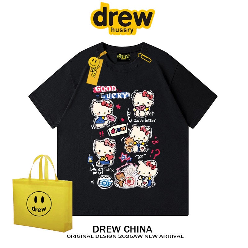 Drew American fashion brand KT cat cartoon graffiti print short-sleeved T-shirt men and women street loose couple top INS summer - Image 1