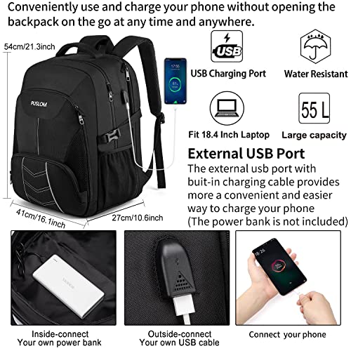 PUSLOM Extra Large Backpack for Men 55L,18.4Inch Travel Laptop Backpack with USB Charging Port Business Flight Approved Carry On Backpack,TSA Big Capacity Heavy Duty Computer Bag College Bookbag,Black - Image 2