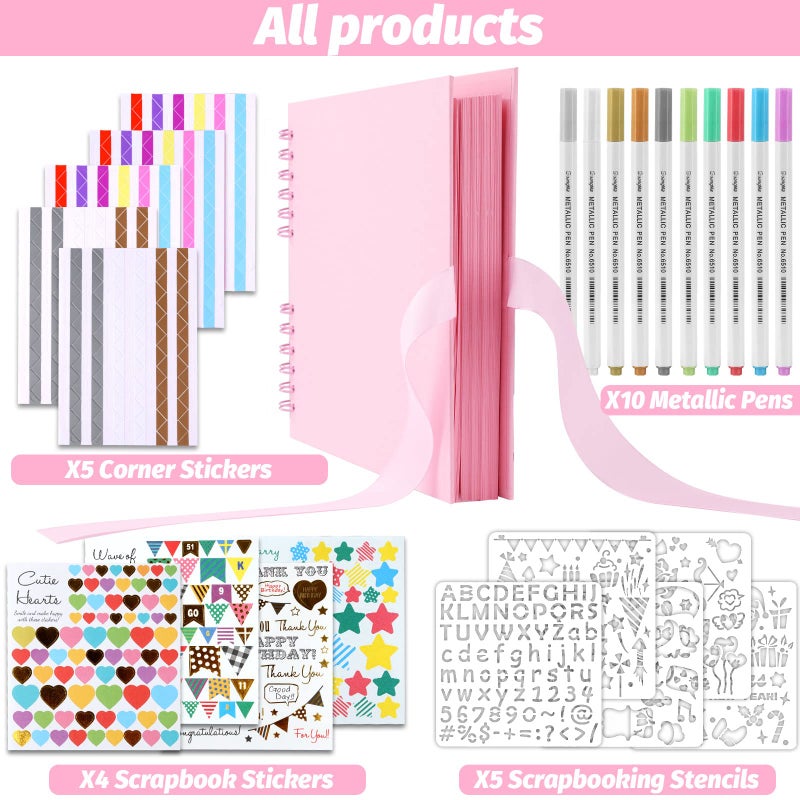 Gotideal 80 Pages Scrapbook Album with 10 Metallic Markers, Craft Paper Photo Album for Wedding and Anniversary, Family DIY Scrapbook Accessories with Scrapbooking Stickers Corners(Pink) - Image 2