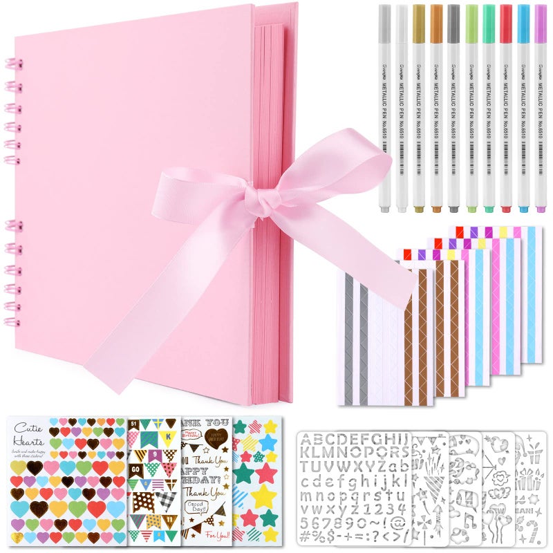 Gotideal 80 Pages Scrapbook Album with 10 Metallic Markers, Craft Paper Photo Album for Wedding and Anniversary, Family DIY Scrapbook Accessories with Scrapbooking Stickers Corners(Pink) - Image 1