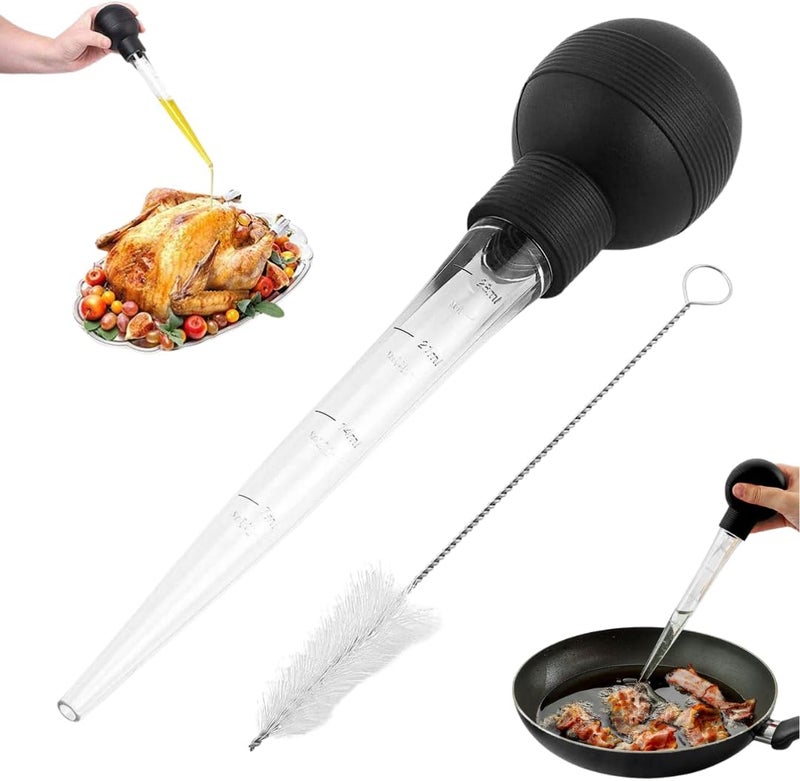 MARKQ قطارة زيت الديك الرومي – حقنة لتوزيع السوائل الساخنة، حقنة لحقن اللحوم والطعام، قطارة ديك رومي كبيرة مع فرشاة تنظيف، أداة طهي أساسية لعيد الشكر، سوداء - Image 1