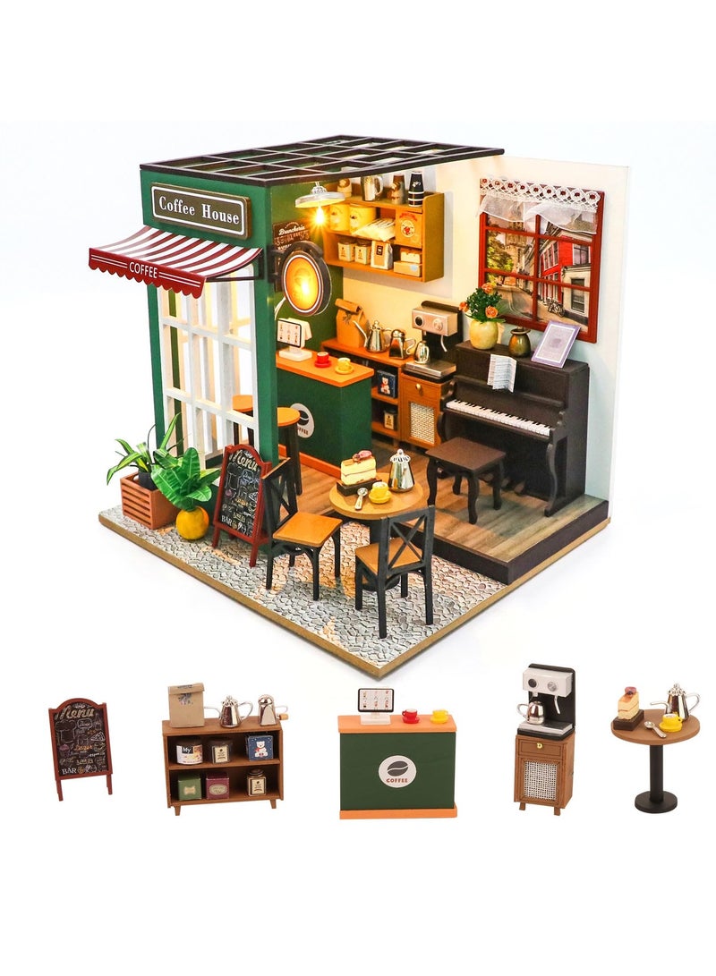 DIY Miniature House Kit,Tiny House Coffee Shop with Furniture & LED,DIY Dollhouse Miniature Kit for Adults Teen,Mini House Building kit,3D Wooden Craft Mini Model Kit,Birthday Gifts Home Decor - Image 1