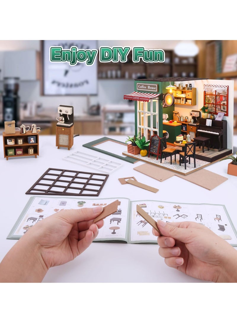 DIY Miniature House Kit,Tiny House Coffee Shop with Furniture & LED,DIY Dollhouse Miniature Kit for Adults Teen,Mini House Building kit,3D Wooden Craft Mini Model Kit,Birthday Gifts Home Decor - Image 5