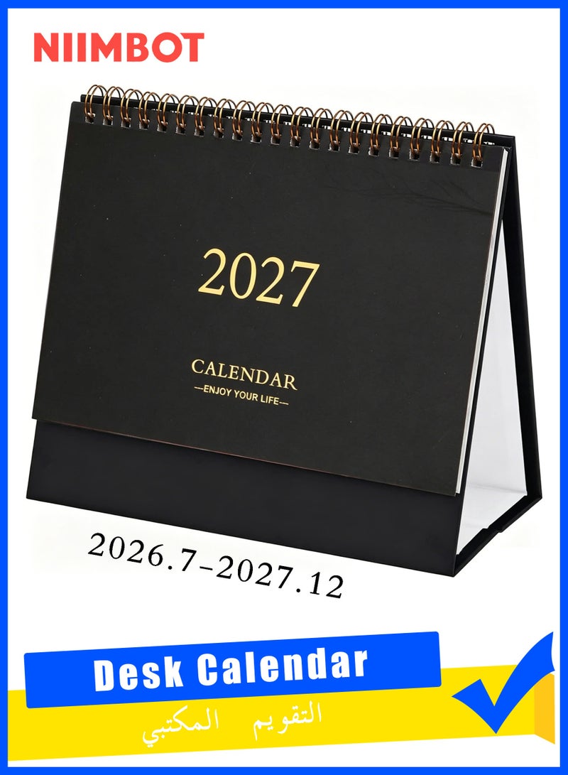 NIIMBOT Desk Calendar 2026-2027, Standing Flip Small Desk Calendar 2026/07-2027/12, 18-Month Monthly Desktop Calendar, Twin-Wire Binding 360° Flip for Home or Office, Compact Black Calendar for Students and Teachers (Black) - Image 1