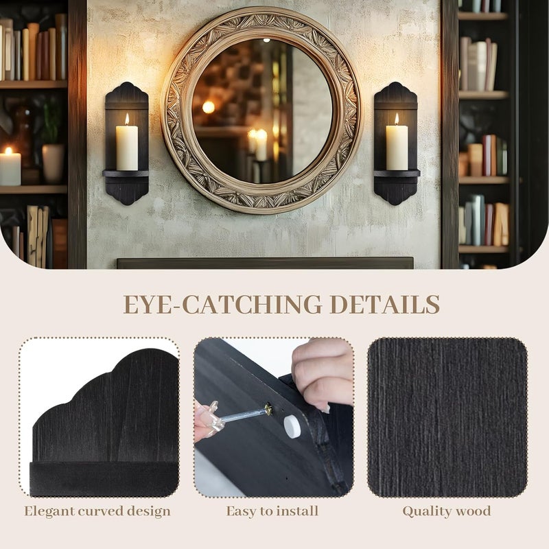 CEDARLUX Rustic Black Wood Wall Candle Sconces Set of Two, Farmhouse Wooden Candle Holder Decor for Fireplace, Hallway, Living Room, Bedroom - Image 3