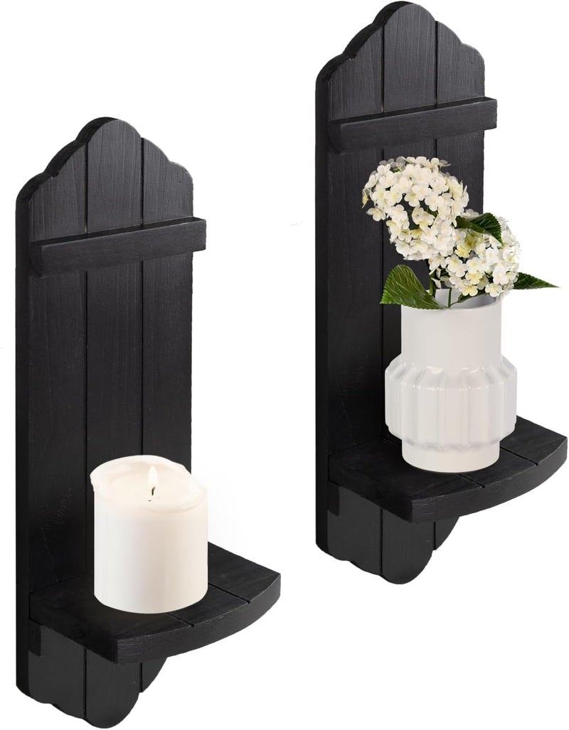 CEDARLUX Rustic Black Wood Wall Candle Sconces Set of Two, Farmhouse Wooden Candle Holder Decor for Fireplace, Hallway, Living Room, Bedroom - Image 1