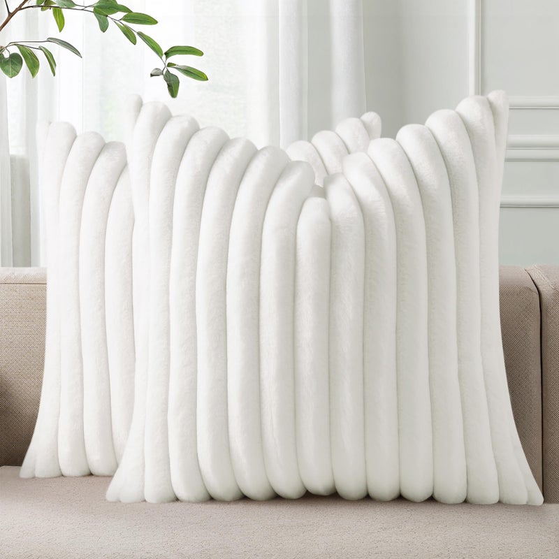 Pallene Faux Fur Plush Throw Pillow Covers 16X16 Set Of 2  Luxury Soft Fluffy Striped Decorative Pillow Covers For Sofa  Couch  Living Room  White - Image 1