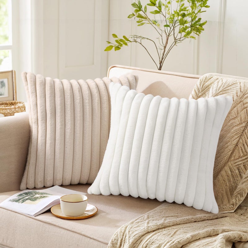 Pallene Faux Fur Plush Throw Pillow Covers 16X16 Set Of 2  Luxury Soft Fluffy Striped Decorative Pillow Covers For Sofa  Couch  Living Room  White - Image 3