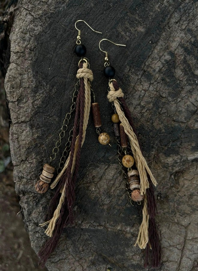 Sanyaa Hippie Renaissance Earrings West Rustic Vintage Country Long Tassel Wood Jewelery for Women - Image 2
