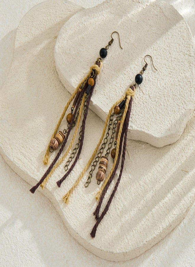 Sanyaa Hippie Renaissance Earrings West Rustic Vintage Country Long Tassel Wood Jewelery for Women - Image 5