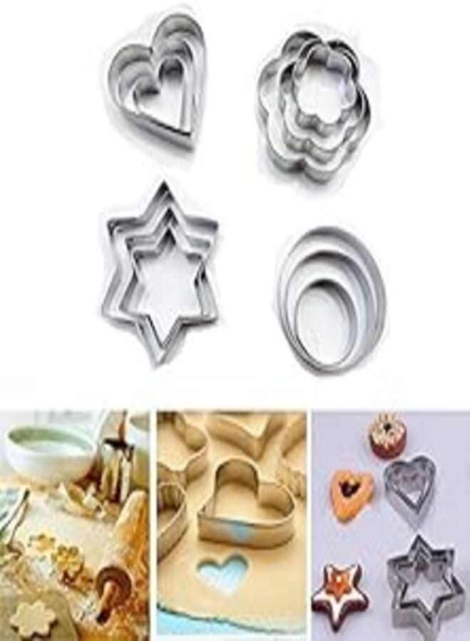 VDNSI Cutters Shapes Baking Set, 12PCS Flower Round Heart Star Shape Biscuit Stainless Steel Metal Molds Cutters for Kitchen Stainless Steel Pastry Cookie Biscuit Cutter Cake Muffin Mold Silver Colour