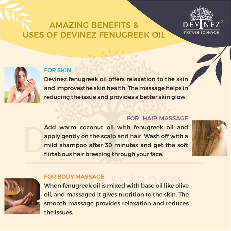 Devinez Fenugreek Oil, Methi Oil, Fenugreek Seed Oil, 500ml For Massage, For Hair Care, Trigonella Foenumgraecum, 100% Pure Natural, Cold Pressed, 100% Pure, Natural & Undiluted in Anodized Aluminum Bottle - Image 4