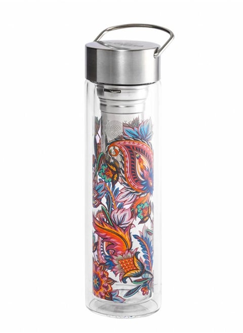 Borosilicate FLOWTEA Fire Flower Double Walled Glass Bottle With Lid & Filter for Hot Cold Drinks (0.44L)