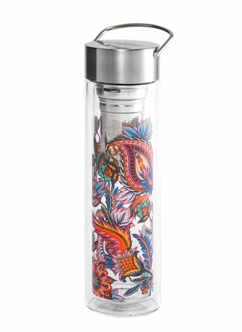 Borosilicate FLOWTEA Fire Flower Double Walled Glass Bottle With Lid & Filter for Hot Cold Drinks (0.44L)