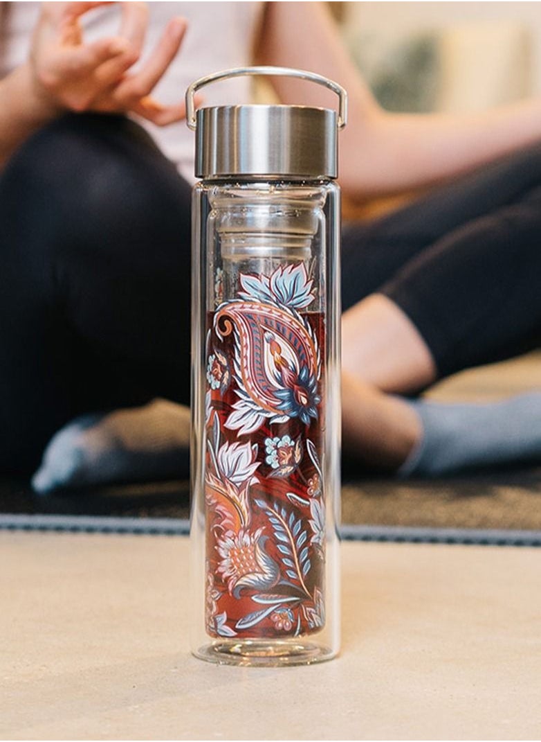 Borosilicate FLOWTEA Fire Flower Double Walled Glass Bottle With Lid & Filter for Hot Cold Drinks (0.44L)