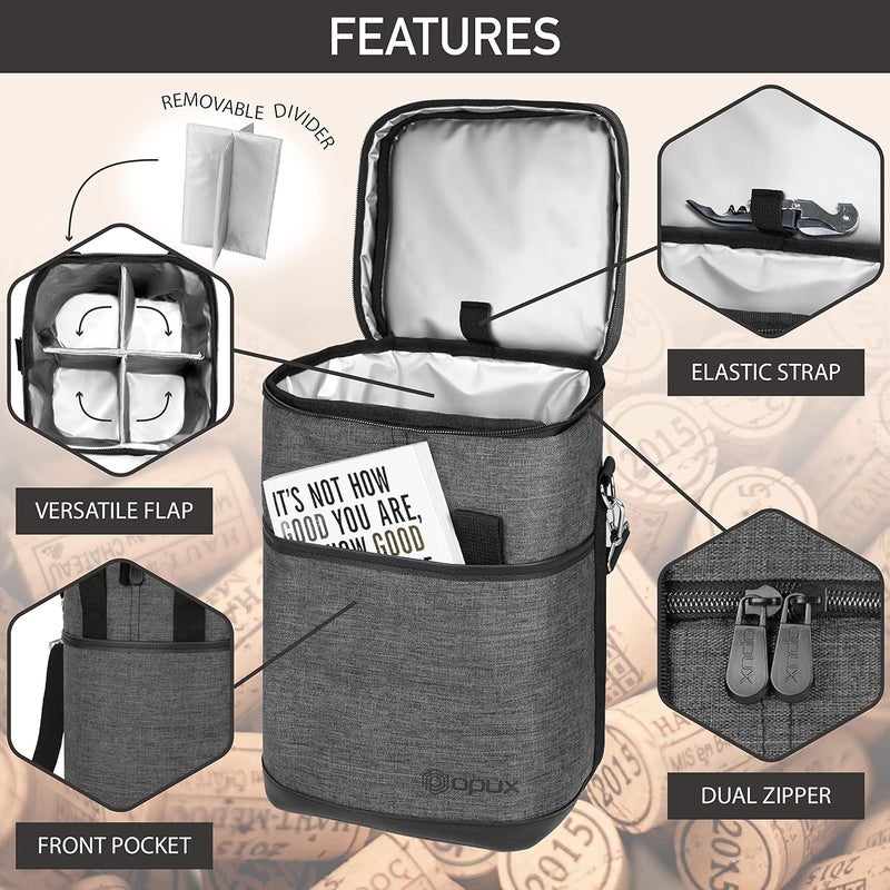 OPUX 4,6 Bottle Wine Bag Tote Carrier | Leakproof Insulated Wine Cooler Bag for Travel, BYOB, Picnic | Padded Portable Wine Bottle Bag for Dinner Party, Christmas Gift for Wine Lovers, Women, Men - Image 4