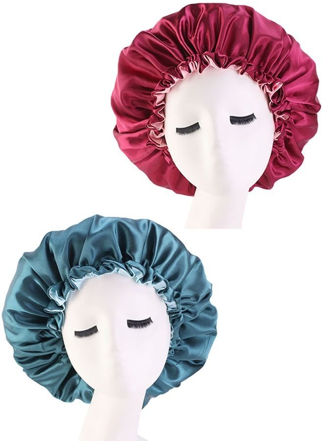 2pcs Silk Reversible Adjustable Caps Hair Sleeve Bonnet for Sleep Shower (Red+Blue)  - Image 1