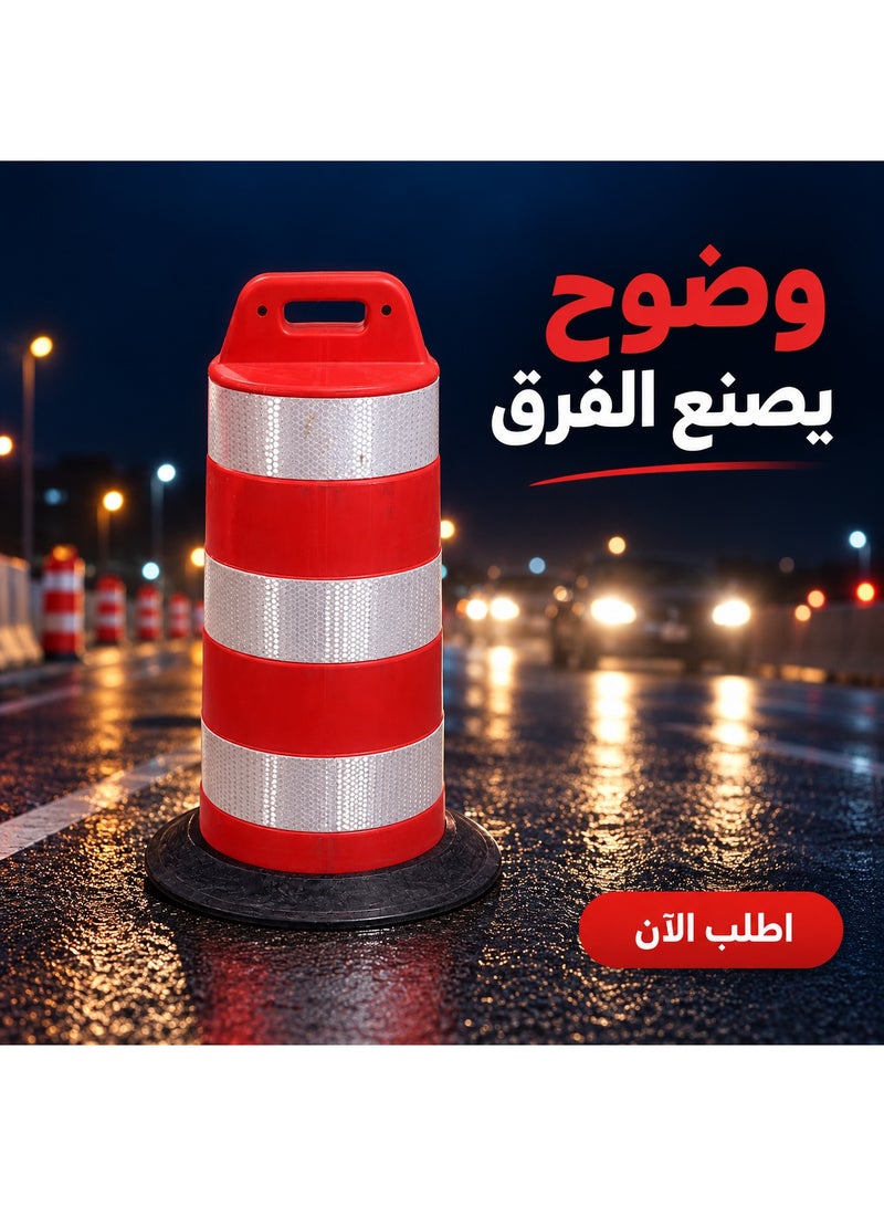 A traffic safety barrel (or cylindrical traffic barrier) made of plastic, featuring a heavy rubber base and reflective strips. - Image 5
