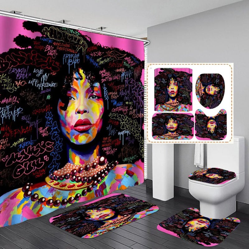 Y&D New 3D Print Black Women Art African American Style Bathroom Sets, Shower Curtain Set 4 Pcs - Image 1