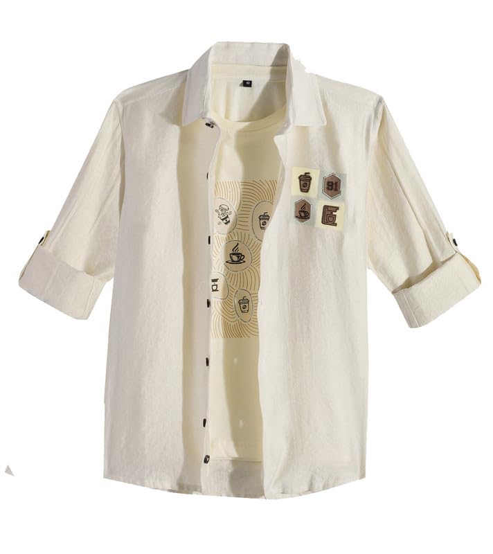 CAVIO Boys Spread Collar Casual Full Sleeve Shirt and T-Shirt Set in Cream - Image 4