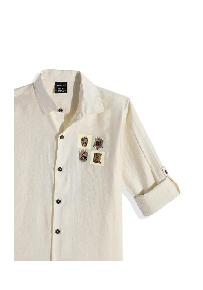 CAVIO Boys Spread Collar Casual Full Sleeve Shirt and T-Shirt Set in Cream - Image 5