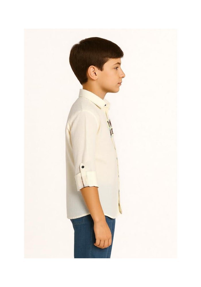CAVIO Boys Spread Collar Casual Full Sleeve Shirt and T-Shirt Set in Cream - Image 3