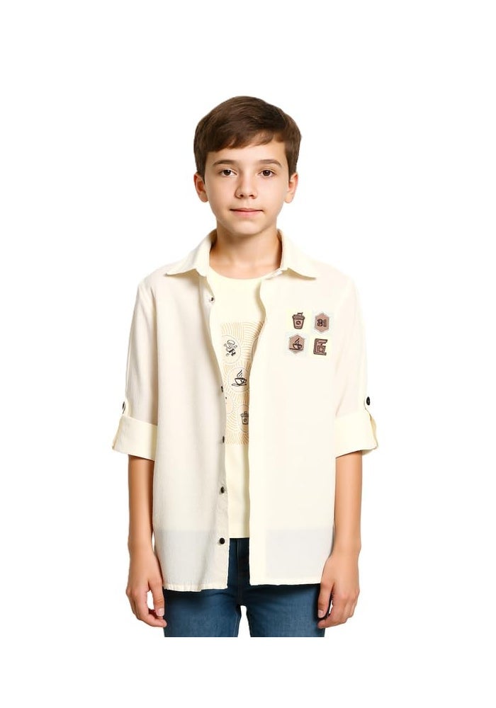 CAVIO Boys Spread Collar Casual Full Sleeve Shirt and T-Shirt Set in Cream - Image 1