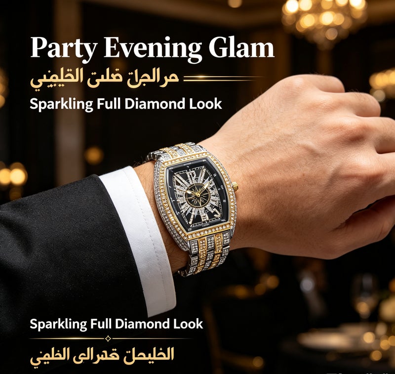 MISS FOX Men Iced-Out Full Diamond Quartz Watch, Gold Tonneau Barrel Shape Black Compass Hollow Dial, Stainless Steel Rhinestone Wrist Watch for Party Business Gift` - Image 4