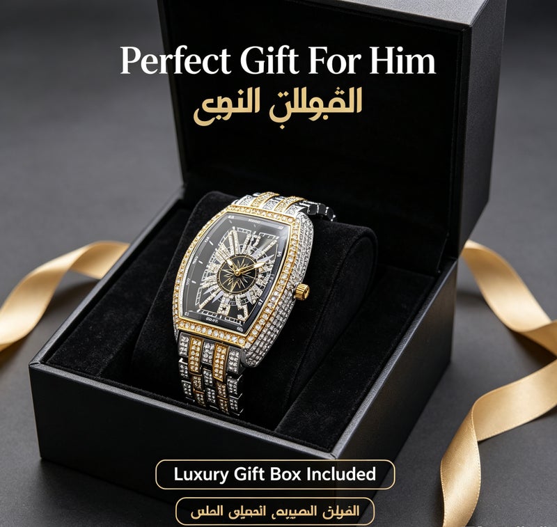 MISS FOX Men Iced-Out Full Diamond Quartz Watch, Gold Tonneau Barrel Shape Black Compass Hollow Dial, Stainless Steel Rhinestone Wrist Watch for Party Business Gift` - Image 3